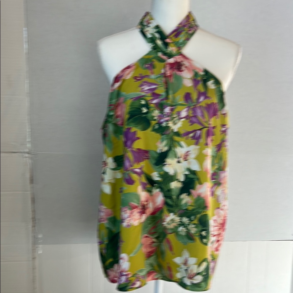 NWT Express Green/Pink/Purple Floral Halter Neck Button Closure Pleats Top Sz XL